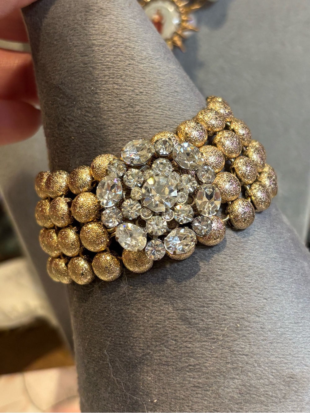 Handmade vintage bracelet with added vintage repurposed rhinestone brooch!